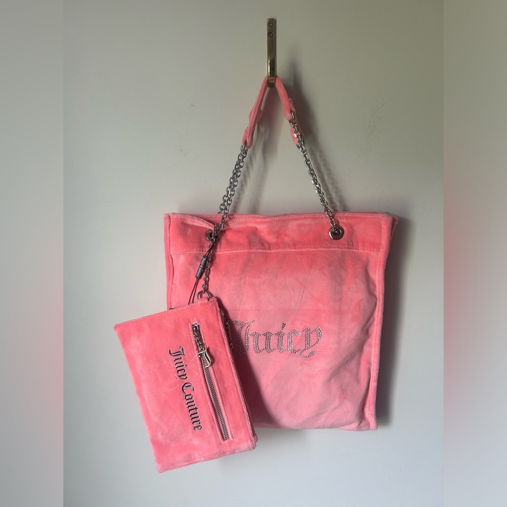 Pink Velour rhinestone tote bag and pouch